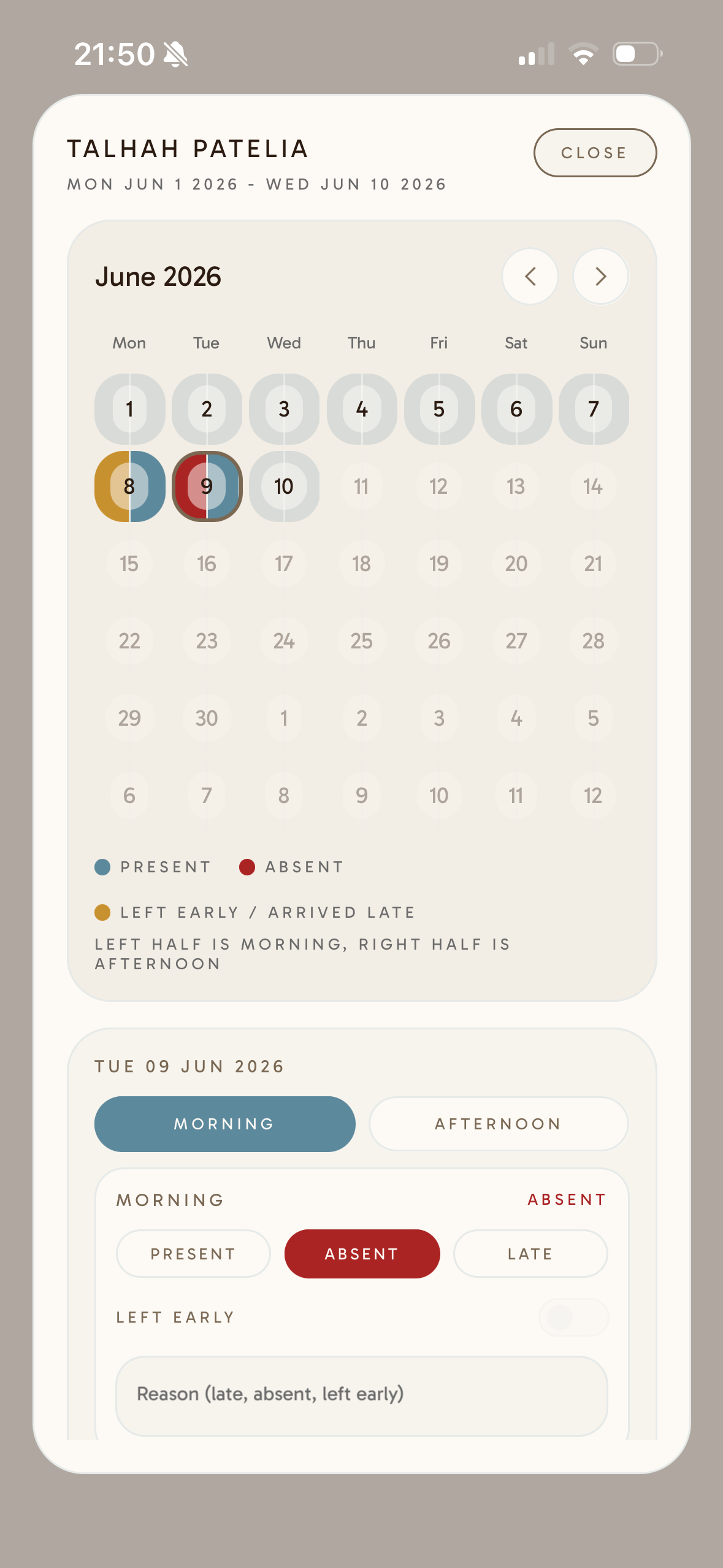 Attendance screen